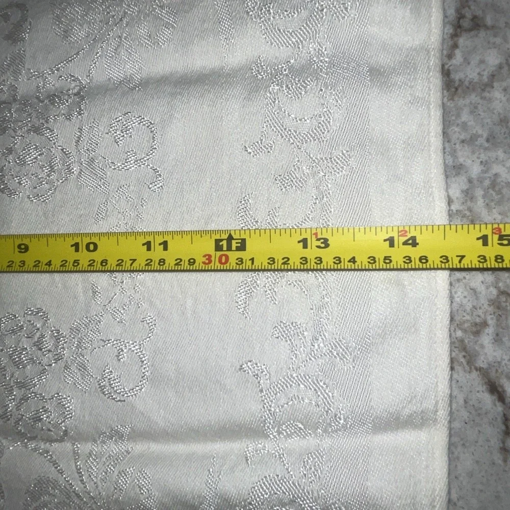Vintage Rectangle Cream Linen Tablecloth & 6 Napkins Embroidered Scroll Design